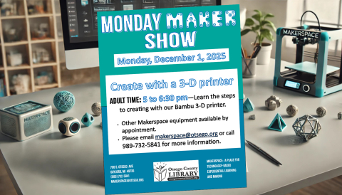 Join us a 3-D printing demonstration in our Makerspace, Monday, December 1st between 5 and 6:30 pm