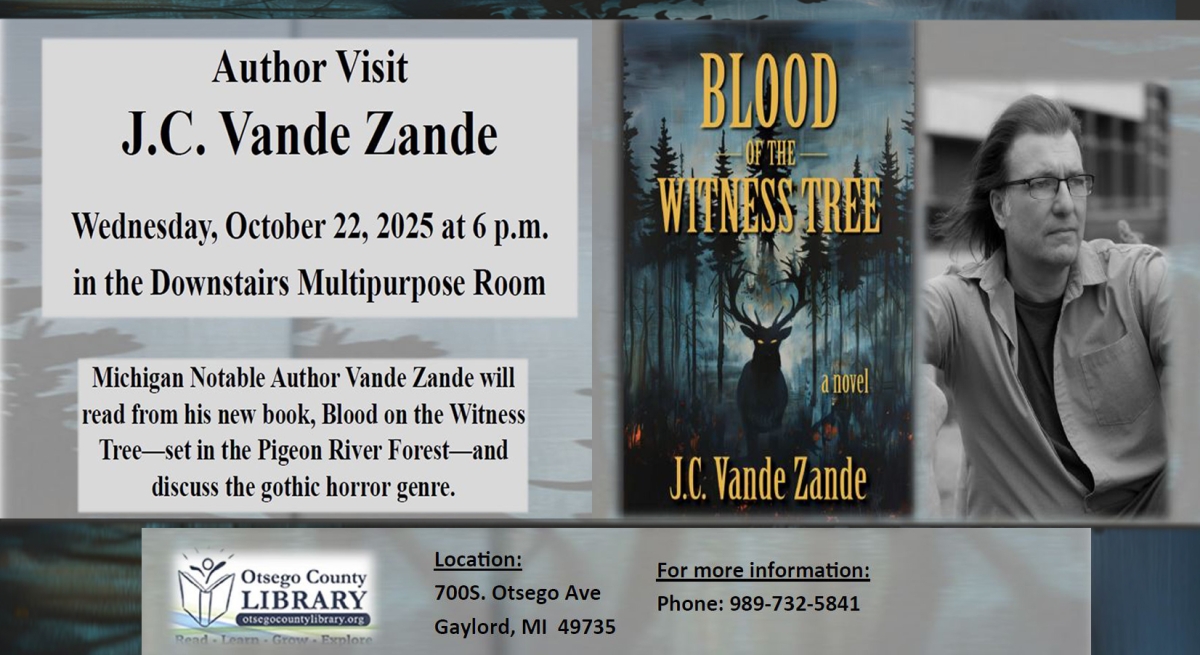 Author Visit J.C. Vande Zande Wednesday, October 22nd at 6 pm in the Library's Multipurpose Room