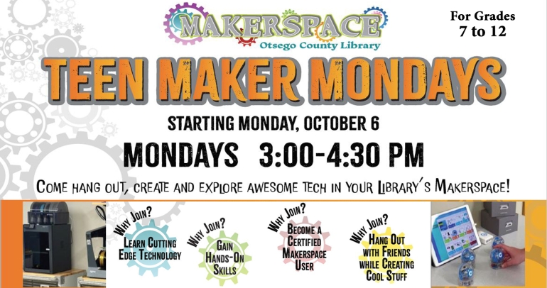 Teen Maker Mondays begin October 6th from 3 to 4:30 pm
