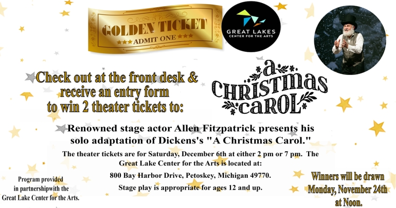 Check out at the front desk and enter yourself in to win 2 theater tickets to "A Christmas Carol"!